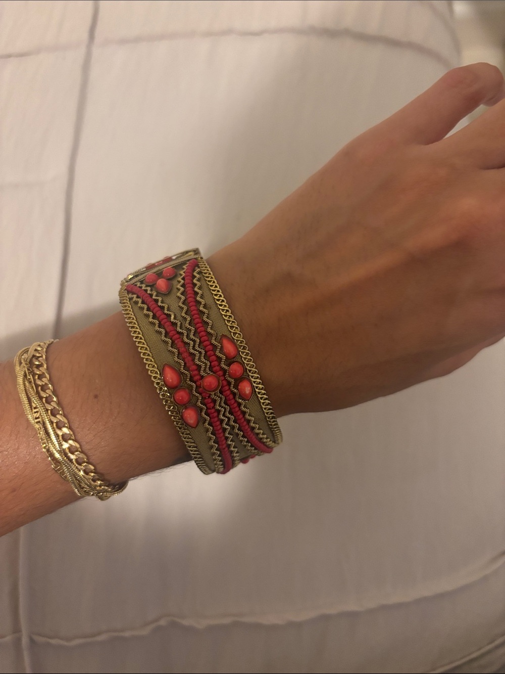 Beaded Coral and Gold Statement Cuff Bracelet